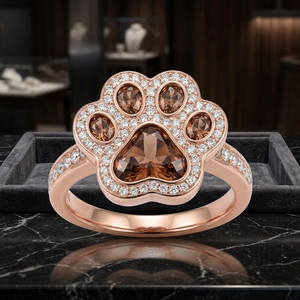 Anillo con Huella de Pata en Oro Rosa con Gemas Marrones y Detalles Blancos Brillantes, Joyería de Moda Única para Amantes de los Animales, Regalo - Product Image 4
