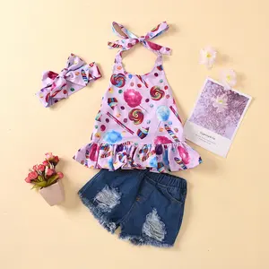 Girl clothes Set Toddler Kids Baby Girls Summer Strap Tops+denimPants Outfits candy printed clothing Set