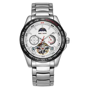 AOCASDIY jam tangan Stainless Steel pria, arloji merek asli tahan air bercahaya multifungsi konograf