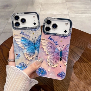 เคสโทรศัพท์ลายผีเสื้อประดับเพชร IMD เลเซอร์สีน้ำเงิน สำหรับ iPhone 16 15 14 13 Plus Pro Max, เคส iPhone 17 Pro Max ลายวาดมือ - Product Image 1