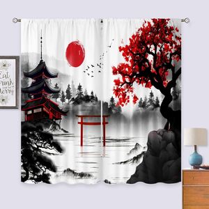 Rideaux d'art aquarelle Cinbloo à motif de fleurs de cerisier japonaises, 42Lx63H pouces, à passe-tringle, noir et rouge, style anime asiatique, montagne chinoise et soleil - Product Image 6