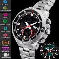 Montre à quartz Skmei 1146 de luxe pour homme, double affichage, chronographe sportif, étanche, bracelet en acier inoxydable, cadeau pour homme, affaires