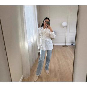 Chemise en coton à lacets sur le côté, style européen et américain, coupe amincissante polyvalente pour taille XL - Product Image 1