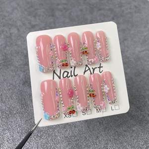 <span class=keywords><strong>Uñas</strong></span> Postizas TSZS 100% Hechas a Mano, Color Rojo Vino, Diseño de <span class=keywords><strong>Flores</strong></span>, Acabado Brillante Rosa, Forma Cuadrada Mediana, Reutilizables - Product Image 4