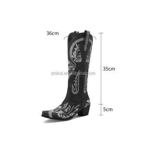 SHIKOL <span class=keywords><strong>botas</strong></span> de vaquera <span class=keywords><strong>Mujer</strong></span> hasta la rodilla 2025 nuevo Color Vintage cuero rojo tacones gruesos moda bordado zapatos de fiesta <span class=keywords><strong>botas</strong></span> de <span class=keywords><strong>mujer</strong></span> - Product Image 2