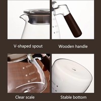Carafe à café moderne en verre borosilicate haute résistance avec poignée en bois anti-brûlure, pot de service gradué avec couvercle, fait main