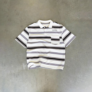 ผู้ผลิตเสื้อผ้า ออกแบบเสื้อเชิ้ตสตรีทแวร์ลำลองลายทางติดกระดุม เสื้อยืดคอตตอน 100% แบบกำหนดเอง แขนสั้นลายทาง - Product Image 4