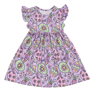 שמלת משי חלב אוסטר אישית עבור בנות הקיץ קיץ מודפסת ארנבת מזדמנים עם שרוולים ruffle הסיטונאי לילדים - Product Image 5