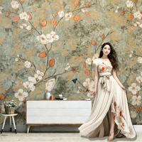 Papier peint mural floral vintage personnalisé, papier peint auto-adhésif peint à la main avec des arbres fleuris pour le salon, la chambre à coucher, l'entrée