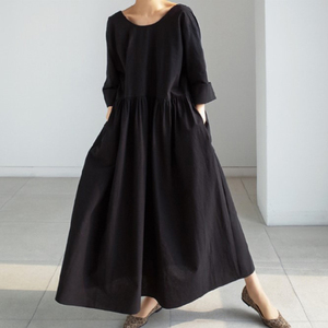 Robe longue décontractée d'été pour femme en lin/coton écologique, à manches longues, avec taille naturelle et broderie boutonnée en tissu tissé - Product Image 1