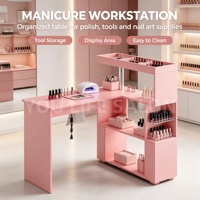 Table à ongles en forme de L rose avec étagère ouverte multi-niveaux, grand plateau de travail, poste de manucure pour salon de beauté et spa