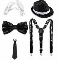 Kit d'accessoires style chanteur vintage : Perruque bouclée, chapeau à sequins, cravate et gants – Accessoires de déguisement pour scène de carnaval pour enfants et adultes