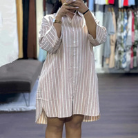 Robe tunique décontractée ample à rayures roses et blanches, col à revers, manches longues, mini-robe ample
