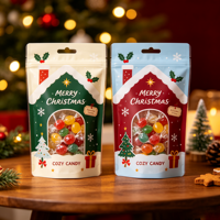 Sachets refermables en aluminium rouge imprimé, qualité alimentaire, avec fermeture éclair, pour biscuits de Noël et bonbons