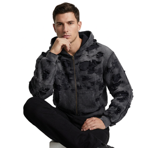 Sweat à capuche zippé oversize pour homme, 100% coton, effet délavé, tricot gaufré, streetwear personnalisé - Product Image 4