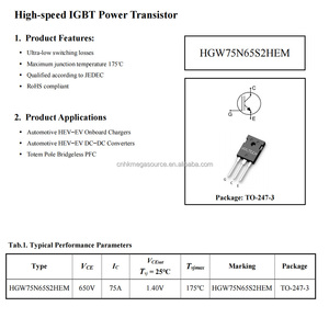 Original N Channel IGBT 650V 75A Low Loss Power Chip For Solar Inverter Welding Equipment HGW75N65S2HEM_V1.1_EN - Product Image 2