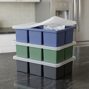Moules à glaçons empilables en silicone avec couvercle et bac, grands moules à whisky bleus, verts et gris pour congélateur - Product Image 3