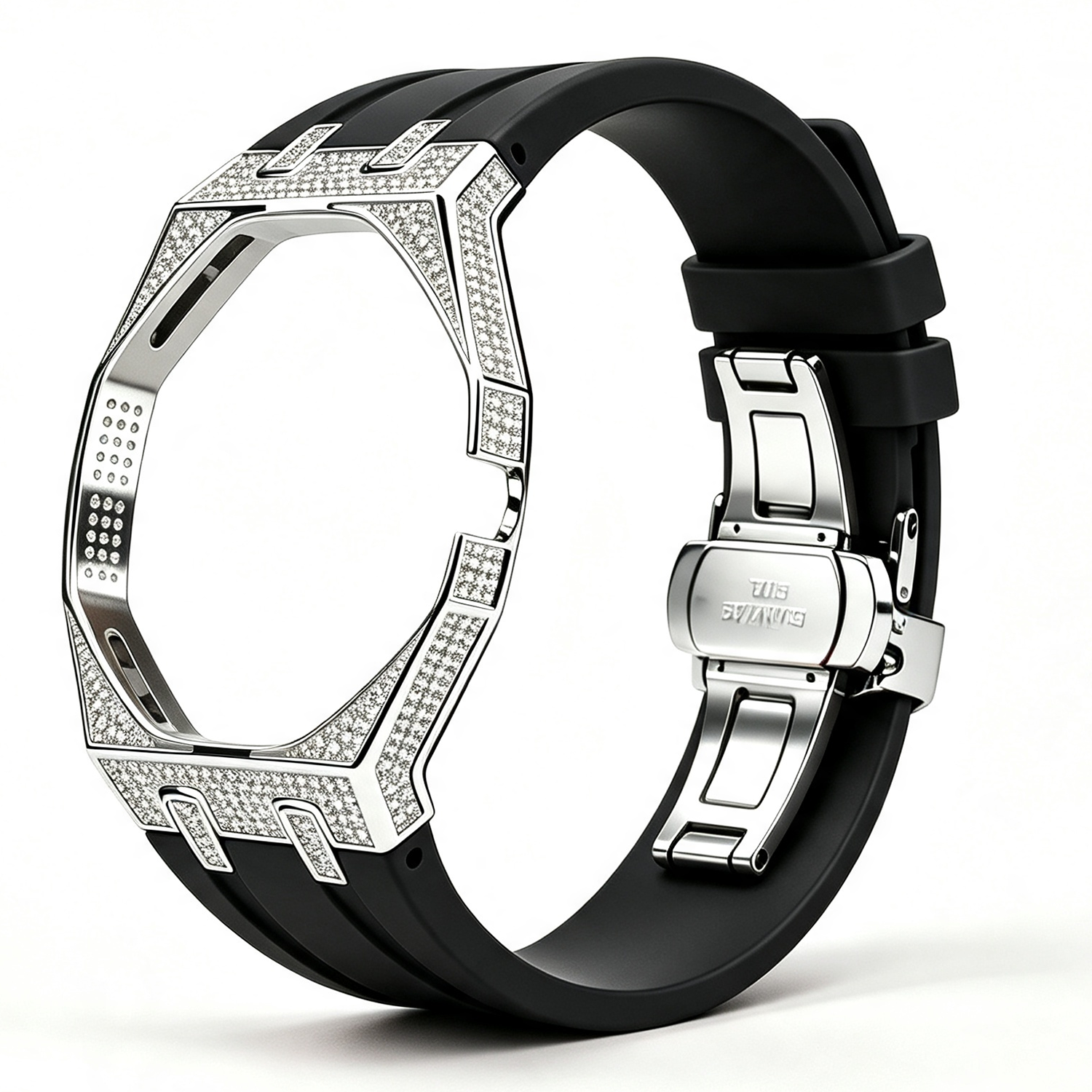 Bague argentée, diamant, bracelet noir, position 3 heures.