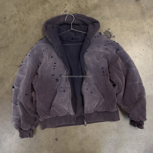 เสื้อฮู้ดซิปผ้าคอตตอนวาฟเฟิลแบบสั่งทำพิเศษ หนานุ่ม ทรงโอเวอร์ไซส์ สไตล์ดิสเทรส ล้างสีแบบแอซิดวอช สำหรับผู้ชาย - Product Image 1