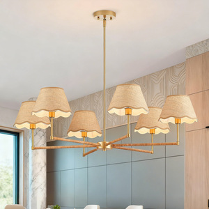 Lámpara de Techo de Ratán de 6 Luces, Cuerpo Dorado, E27 LED, Altura Ajustable, para Cocina y Sala de Estar - Product Image 1