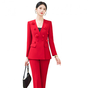Women's Double-Breasted Wide-Leg Suit Set Solid Color Polyester Spring Work Casual Suit - Product Image 5
