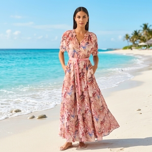 Robe longue maxi rose à imprimé abstrait pour femme, col en V, manches courtes, avec ceinture à nouer – Robe longue fluide bohème pour soirée d'été - Product Image 1