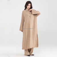 Ensemble personnalisé chemise longue et pantalon pour femme musulmane, en viscose et lin, avec design à pompons, ensemble modeste 2 pièces