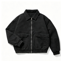 Blouson Bomber Homme en Toile Enduite Noire Délavée, Col Classique, Coupe Ample Oversize, Formel, Printemps Automne, Vêtement de Travail Extérieur Imperméable, Personnalisable OEM