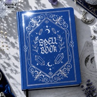 Carnet de notes personnalisé A4 en cuir PU bleu marine, couverture rigide, avec estampage argenté, thème magie et fantaisie, avec bande élastique et marque-page en corde