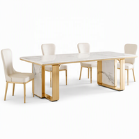 Ensemble table et chaises de salle à manger en dalle de pierre brillante de luxe - Table de salle à manger rectangulaire en marbre pour petits espaces, location de vacances, hôtel, villa