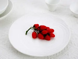 Simple Hotel Restaurant Tableware Plates And Bowls Set Round Annual Ring Glaze White Ceramic Porcelain Dinnerware