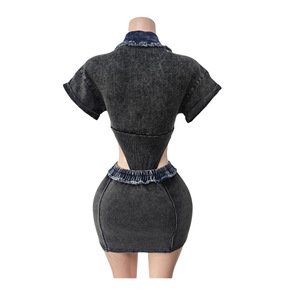 Mỹ Boutique Hot Bán fashionnova tốt nhất người bán thời trang dạo phố 2 mảnh thiết lập cao co giãn denim bodysuit với Bodycon Váy bộ - Product Image 2
