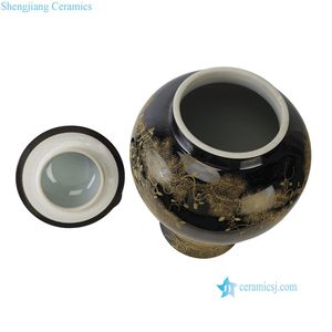 RYLW44-C Chinoiserie Luxury High Quality Black Gold Hand-Painted Crane Motif Temple <b>Jar</b> Collectible Porcelain RYLW44-C Elevate Y - Product Image 2