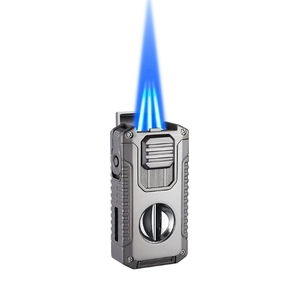 All-in-one Gas Refillable <strong>Torch</strong> Cigar <strong>Lighter</strong> <strong>With</strong> Built-in Cigar Cutter V Cut Cigar Holder Windproof Triple Jet Flame <strong>Lighter</strong> - Product Image 1
