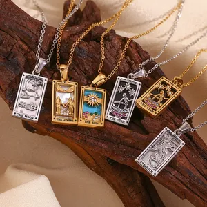 Kalung Perhiasan mode kalung rantai liontin Tarot Zircon persegi panjang baja tahan karat kalung jimat perhiasan mode