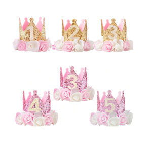 Couronne de fleurs rose pour le premier anniversaire 2026, chapeau décoratif de fête pour bébé fille, couronne de 1er anniversaire - Product Image 3