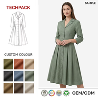 Robe mi-longue vintage rétro en coton biologique et lin vert sauge pour femme, avec col à revers et boutons, certifiée GRS, service OEM