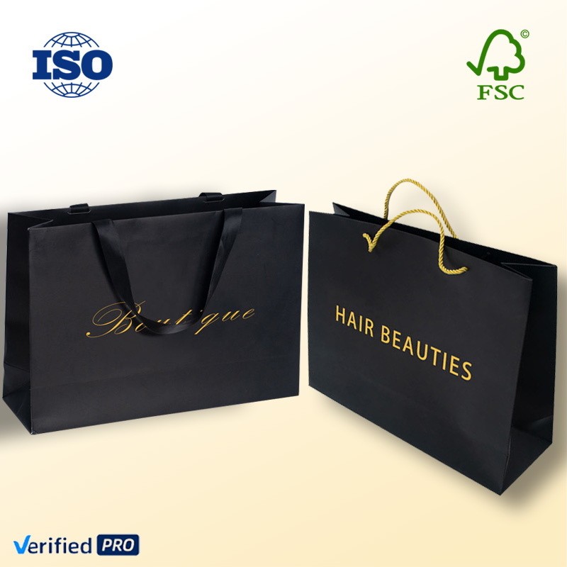 Custom Logo Shopping Black Handbag Thickening Clothing Packaging Paper Bag Kraft Paper