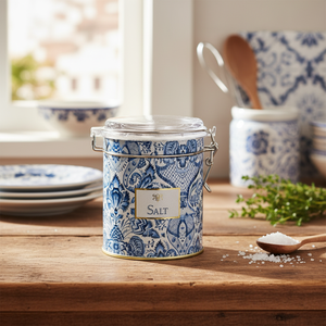Azulejo-Inspired Blue White <b>Decorative</b> Pattern Ø90x110mm Metal Storage <b>Box</b> Wire Clasp Transparent <b>Lid</b> Iron Ball Storage <b>Box</b> - Product Image 3