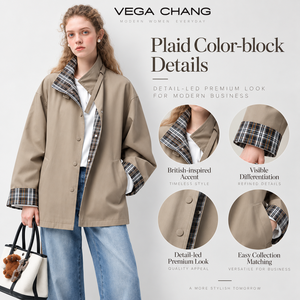 VEGA CHANG 1. <span class=keywords><strong>Giacca</strong></span> <span class=keywords><strong>Trench</strong></span> Corta Oversize da Donna Europea con Colletto Rialzato, Fodera a Quadri, Colore Kaki, per Ufficio e Uso Quotidiano - Product Image 1