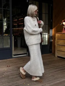 Completo Invernale Blubelle in Maglia a 2 Pezzi per <span class=keywords><strong>Donna</strong></span>, Maglione <span class=keywords><strong>Oversize</strong></span> con Gonna a Vita Alta, Abbigliamento Casual Elegante - Product Image 4