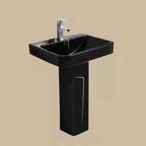 Juego de Inodoro de Cerámica con Lavabo de Pedestal de Diseño Moderno con Líneas Negras y Doradas - Product Image 3
