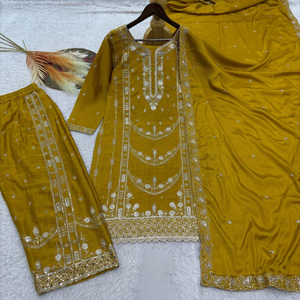 Ensemble Anarkali brodé couleur moutarde avec dupatta, style Jarkhand, traditionnel indien et pakistanais, pour femme, longueur genou, tenue de mariage, coupe classique - Product Image 4