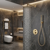 Système de douche encastré mural en laiton brossé doré, avec pommeau de douche pluie et douchette à main, kit de salle de bain moderne