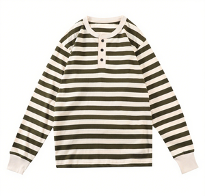 T-shirt Vintage Mariner personnalisé pour hommes T-shirt Henley à manches longues en coton délavé à rayures bretonnes - Product Image 2