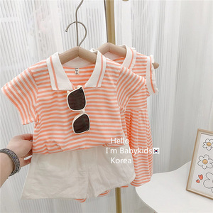 Ensemble décontracté short et polo rayé à manches courtes pour enfants, idéal pour l'été, style mode pour frères et sœurs - Product Image 3