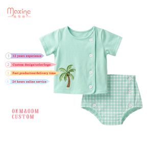 Ensemble de vêtements pour enfants à la mode avec boutons, broderie de palmiers, vêtements pour enfants à manches courtes en coton, ensembles de vêtements pour garçons - Product Image 1