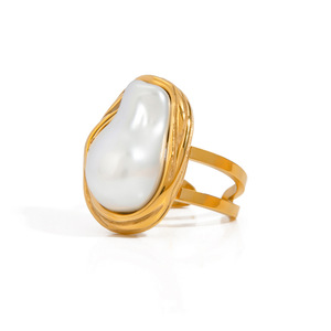 Baroque Pearl <b>Open</b> <b>Ring</b> 18k Gold Stainless Steel Women's Fashion Jewelry Party Geometric Shape Bezel Setting - Product Image 5