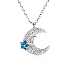 时尚珠宝星月925银闪亮女性立方氧化锆吊坠项链