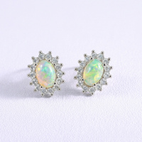 Boucles d'oreilles clous ovales en zircon pavé pour femme, en argent 925, avec opale naturelle éthiopienne, vente en gros